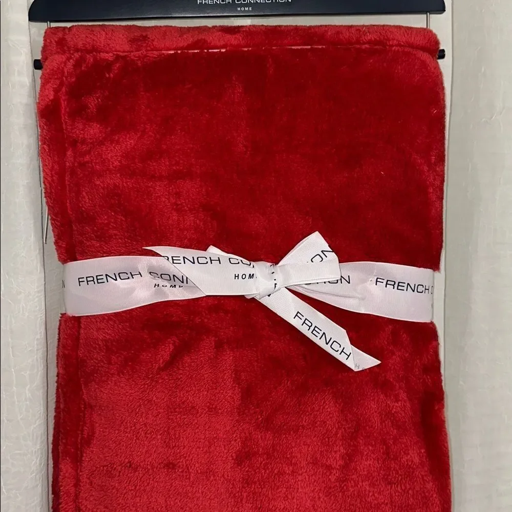 French Connection Fiery Red Plush Blanket Throw with a Hanger